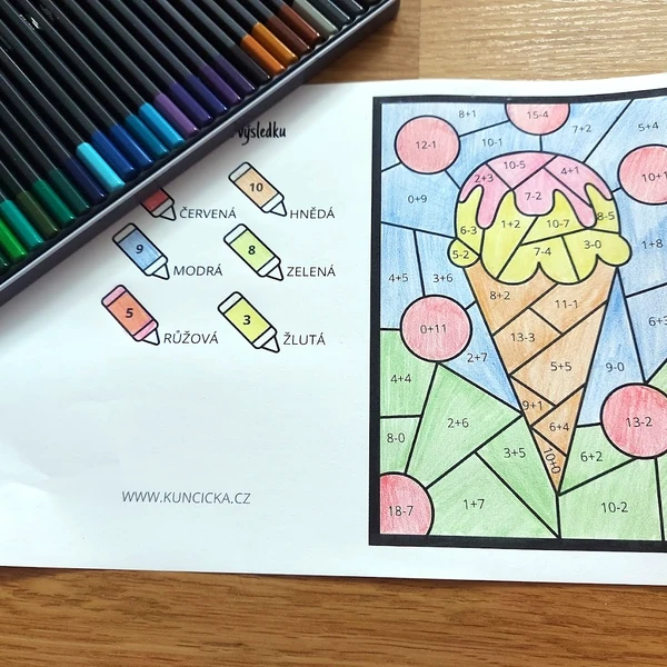 Matematická omalovánka - sčítání a odčítání do 20