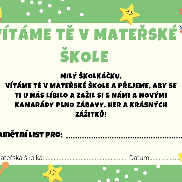 Pamětní list - první den v MŠ