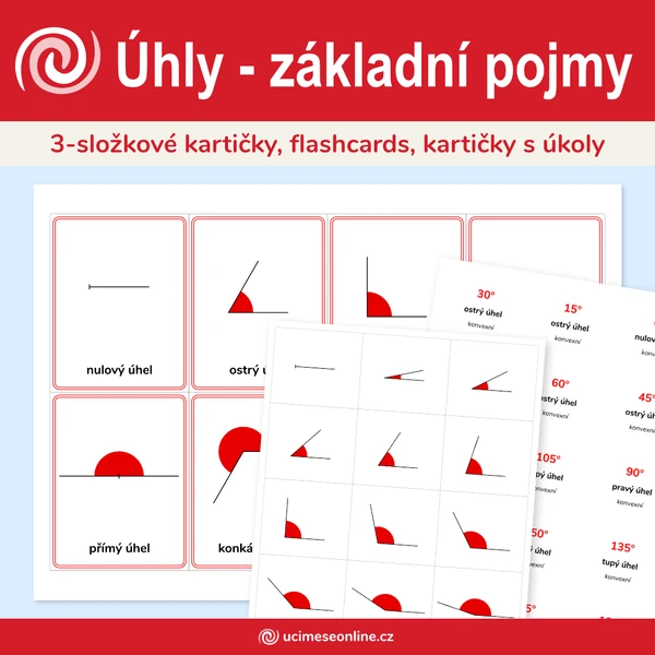Úhly - základní pojmy, druhy úhlů, kartičky na opakování