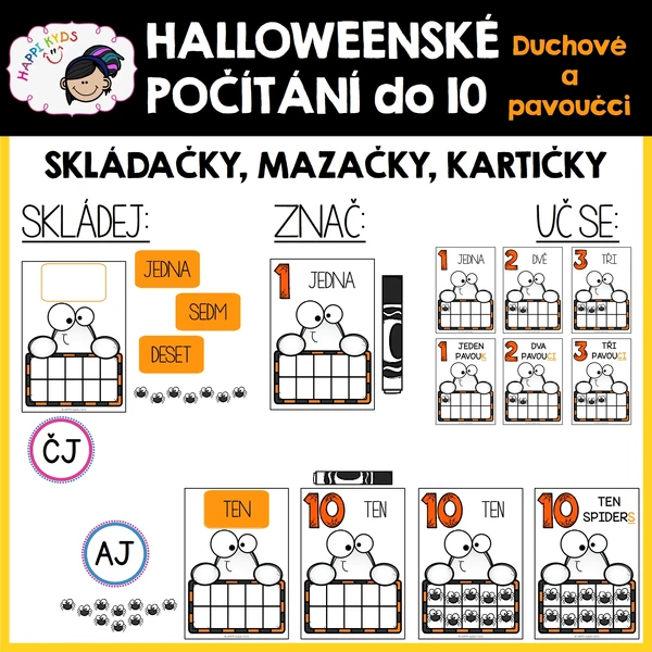 Halloweenské počítání do 10 - DUCHOVÉ a PAVOUČCI- flashcards, mazačky a skládačky