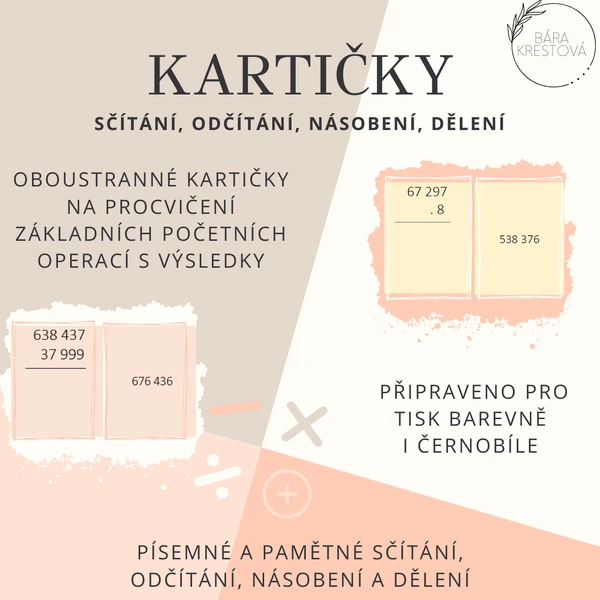 Kartičky s výsledky - sčítání, odčítání, násobení, dělení