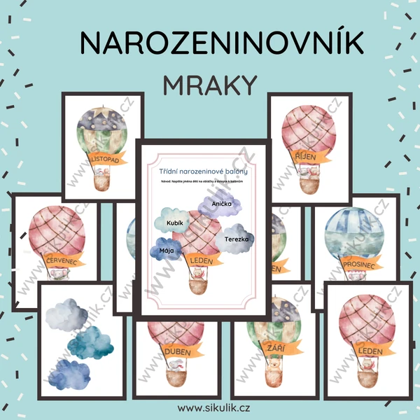 NAROZENINOVÝ KALENDÁŘ (NAROZENINOVNÍK) BALÓNY S OBLÁČKY