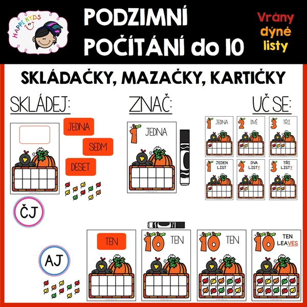 Podzimní počítání do 10 - VRÁNY, DÝNĚ, LÍSTKY - flashcards, mazačky a skládačky