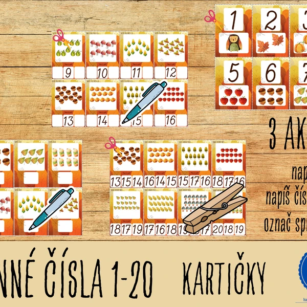 ČÍSLA 1-20 (podzim) - kartičky (80 kartiček)
