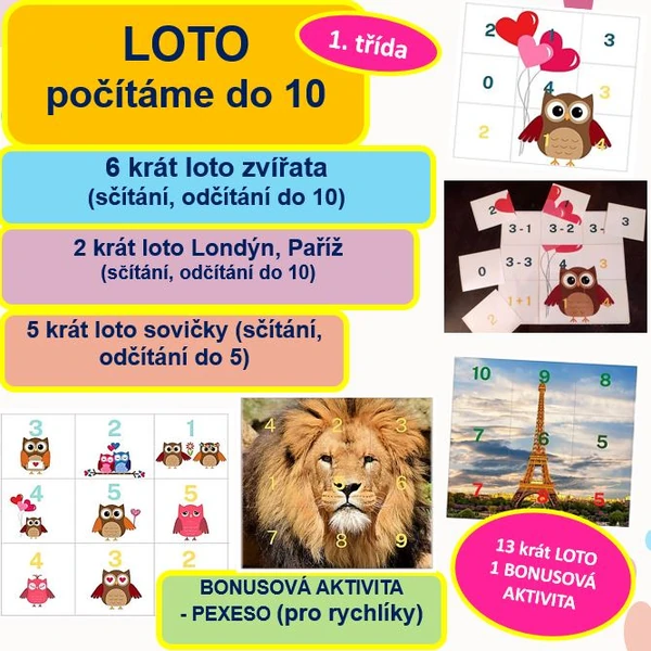 LOTO - POČÍTÁME DO 10 ( do 5 se sovičkou, do 10 se zvířátkem)