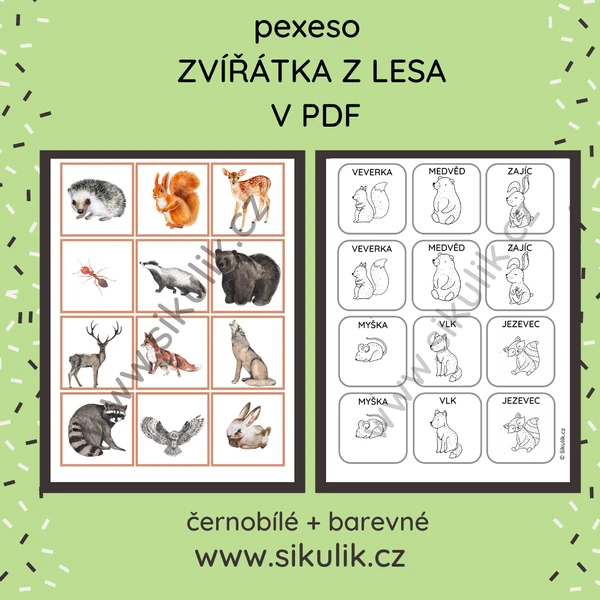 LESNÍ ZVÍŘÁTKA PEXESO ČERNOBÍLÉ+ BAREVNÉ