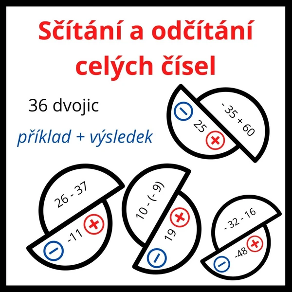 Sčítání a odčítání celých čísel - 36 dvojic příklad + výsledek