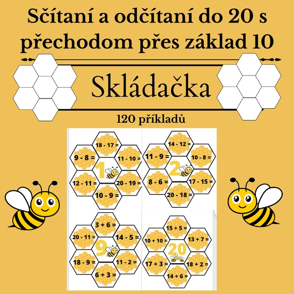  Včelky - sčítání a odčítání do 20 s přechodem přes základ 10 - 2.ročník