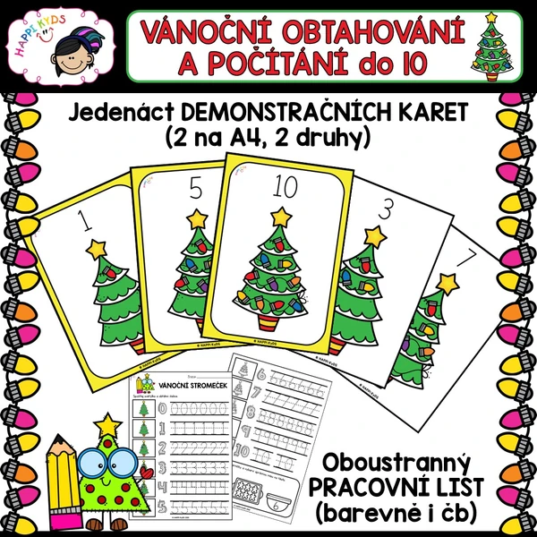 VÁNOČNÍ POČÍTÁNÍ A OBTAHOVÁNÍ - demonstrační karty a pracovní list