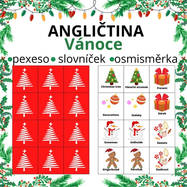 Vánoce- anglické pexeso, slovníček, osmisměrka