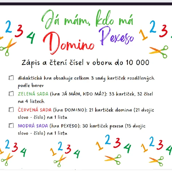 Já mám - kdo má? Domino. Pexeso.  Zápis a čtení čísel oboru do 10 000.