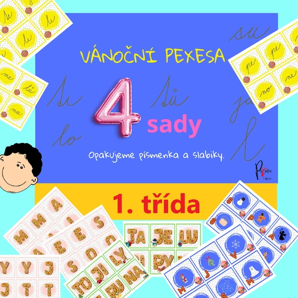 VÁNOČNÍ PEXESA K OPAKOVÁNÍ PÍSMEN A SLABIK - 4 SADY