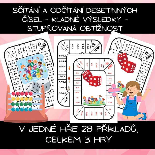 Sčítání a odčítání desetinných čísel - kladné výsledky - stupňovaná obtížnost