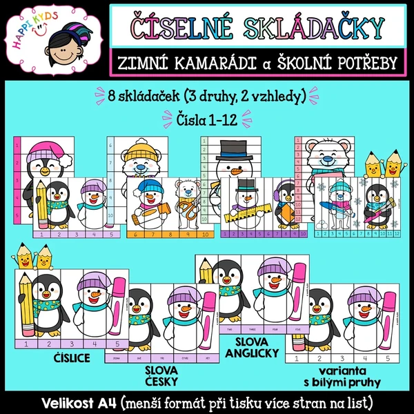 ČÍSELNÉ SKLÁDAČKY - Zimní kamarádi a školní potřeby