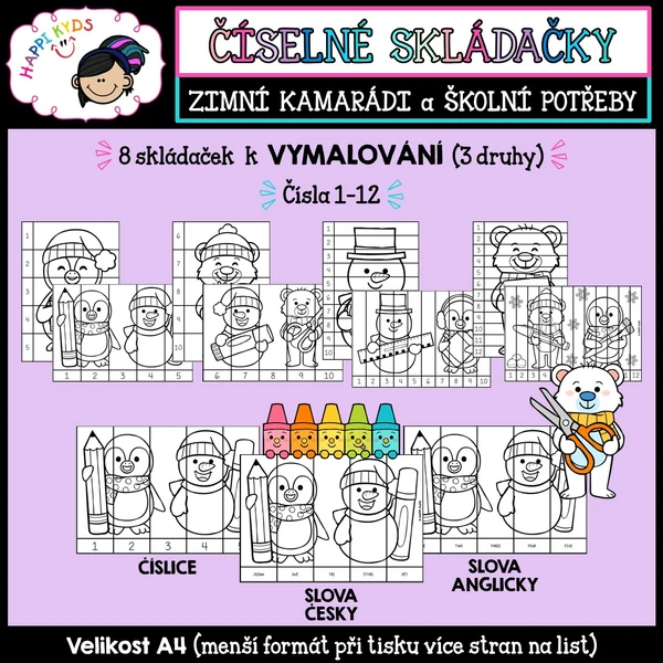 OMALOVÁNKOVÉ ČÍSELNÉ SKLÁDAČKY - Zimní kamarádi a školní potřeby