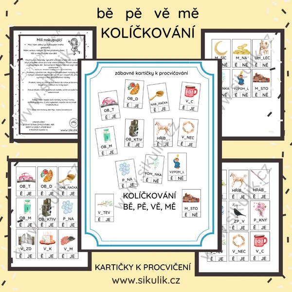 KARTIČKY K PROCVIČENÍ BĚ, PĚ, VĚ, MĚ KOLÍČKOVÁNÍ