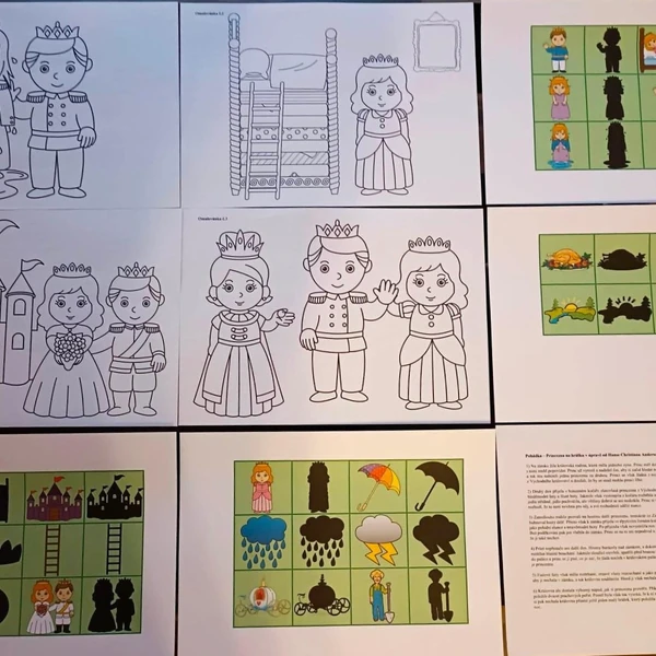 Pohádka Princezna na hrášku s omalovánkami a pexesem
