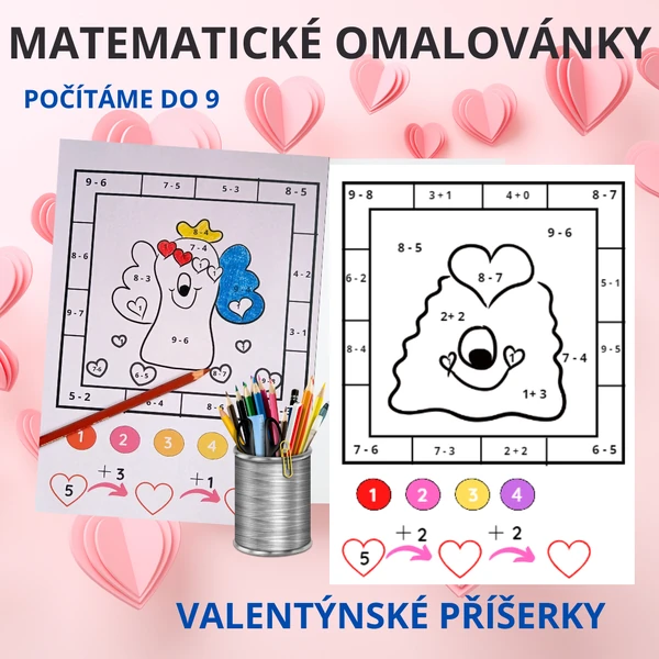 Matematické omalovánky - valentýnské příšerky (počítáme do 9)