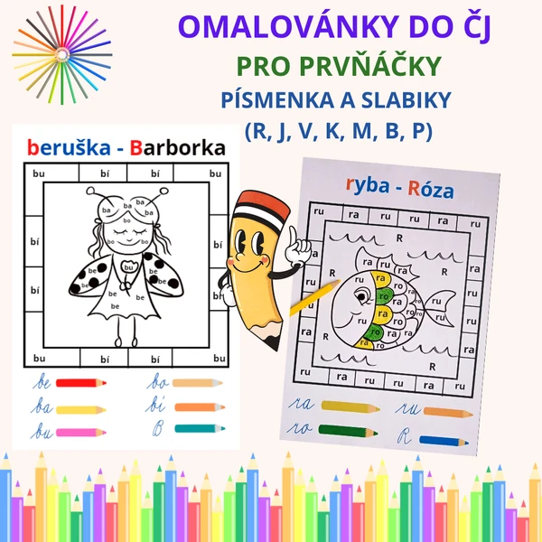Omalovánky do ČJ pro prvňáčky - písmenka a slabiky (R, J, V, K, M, B, P)
