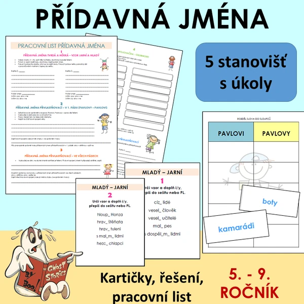 Přídavná jména - sada různých kartiček na procvičení