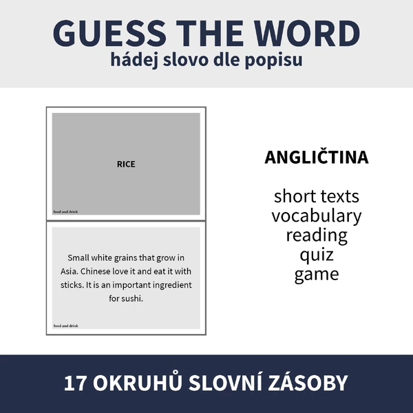 ENG - GUESS THE WORD / KOMPLETNÍ SET 17 TÉMAT (hádej slovo podle popisu)