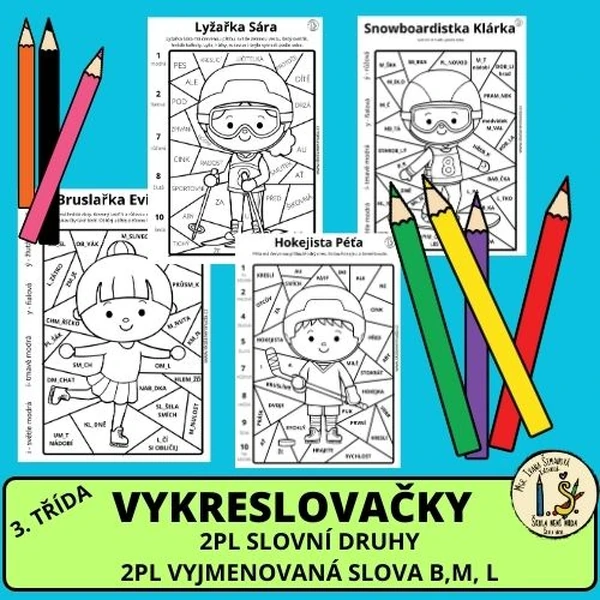 Vykreslovačky - ZIMNÍ SPORTY - 2PL slovní druhy, 2 PL vyjmenovaná slova po B, L, M