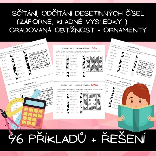 Sčítání, odčítání kladných i záporných desetinných čísel, gradované - ornamenty
