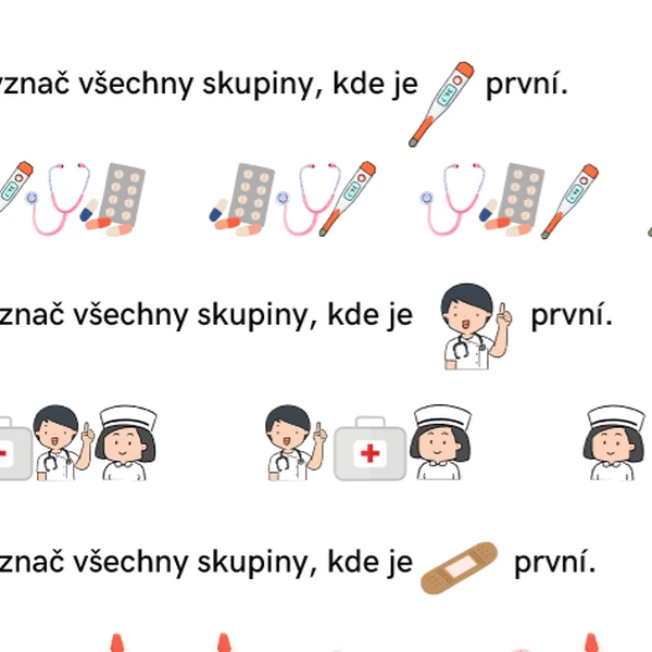 vyznač všechny skupiny, kde je první, stíny, grafomotorika - kuchař, doktor