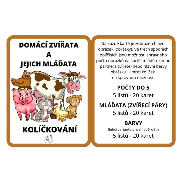 Domácí zvířata a jejich mláďata - kolíčkování
