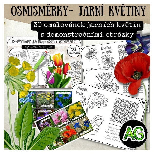 JARNÍ KVĚTINY - 30 OSMISMĚREK S OMALOVÁNKOU A DEMONSTRAČNÍMI OBRÁZKY