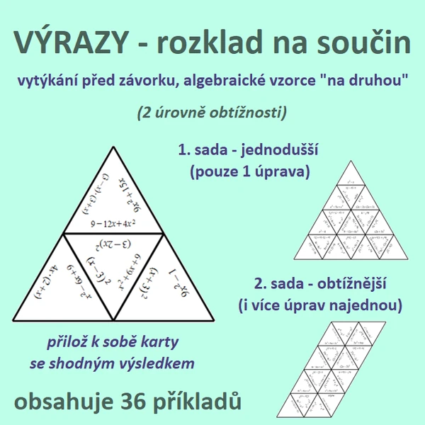 VÝRAZY – rozklad na součin – vytýkání před závorku, algebraické vzorce „na druhou“