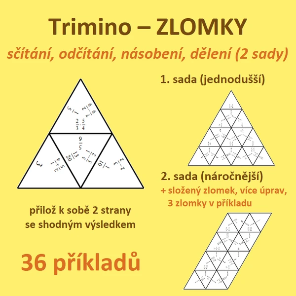 Trimino – ZLOMKY – sčítání, odčítání, násobení, dělení, složený zlomek (2 sady)
