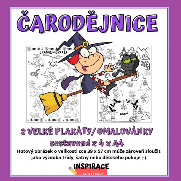 VELKÉ omalovánky/ plakáty ČARODĚJNICE (4xA4)