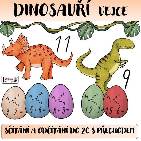 Dinosauří vejce - sčítání a odčítání do 20 s přechodem přes 10 