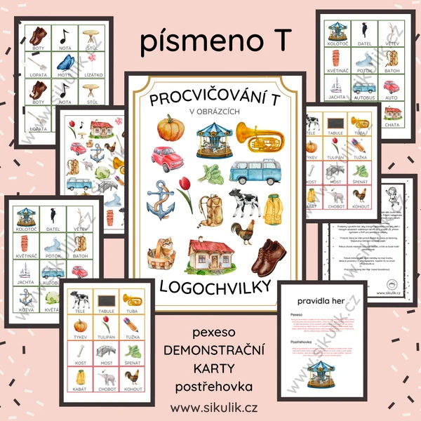 Logochvilky písmeno T pexeso, postřehovka, demonstrační kartičky