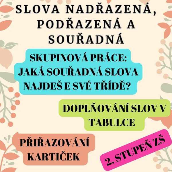Slova nadřazená, podřazená a souřadná - kartičky, práce ve skupině a další 