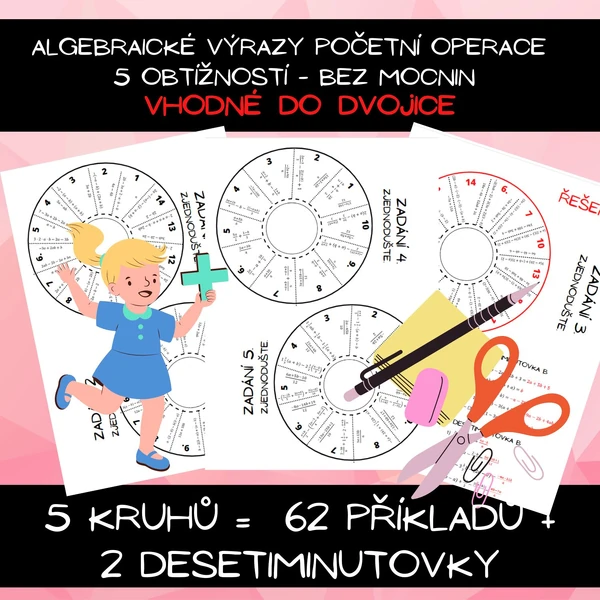Algebraické výrazy početní operace  5 obtížností - bez mocnin