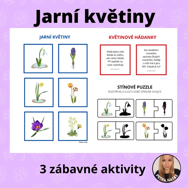 Jarní květiny - přiřazování, hádanky a stínové puzzle