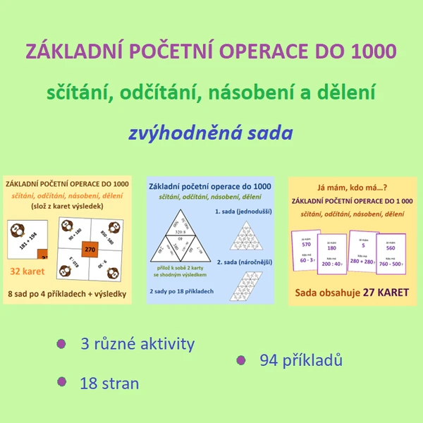 Základní početní operace do 1000 - sčítání, odčítání, násobení, dělení - SADA