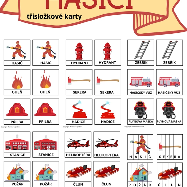 Třísložkové montessori karty HASIČI