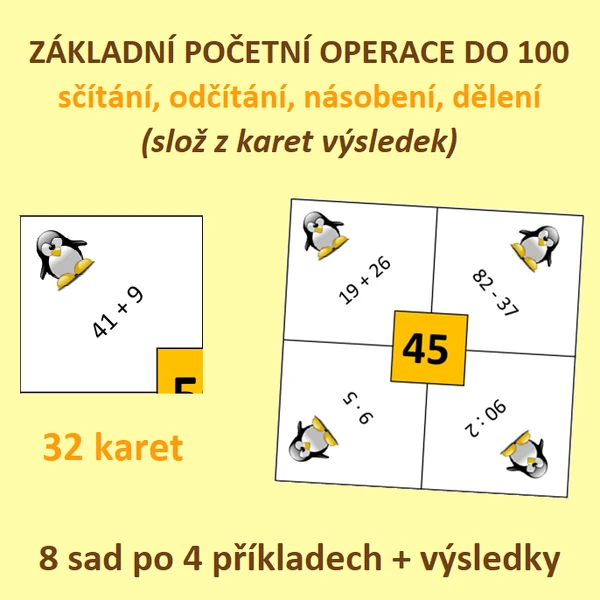 ZÁKLADNÍ POČETNÍ OPERACE DO 100 - sčítání, odčítání, násobení a dělení (slož z karet výsledek)