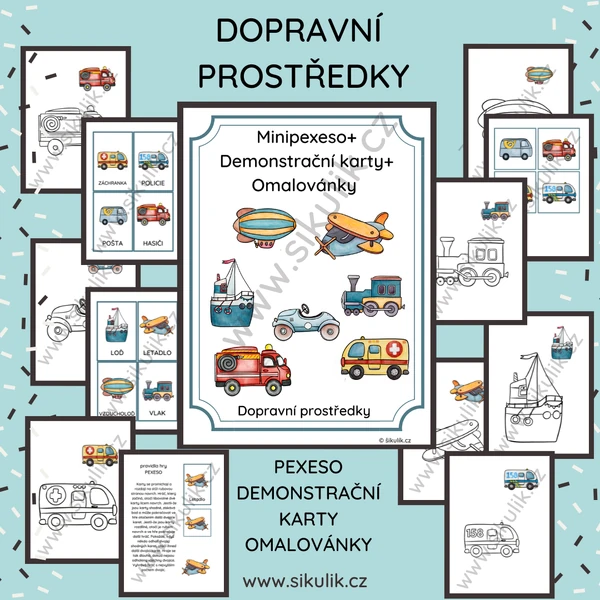 DOPRAVNÍ PROSTŘEDKY Minipexeso+ Demonstrační karty+ Omalovánky 