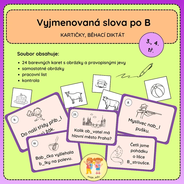 Vyjmenovaná slova po B - běhací diktát, kartičky