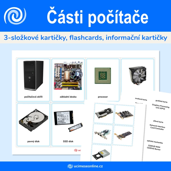 Hardware - části počítače - 3-složkové kartičky, informační kartičky, flashcards