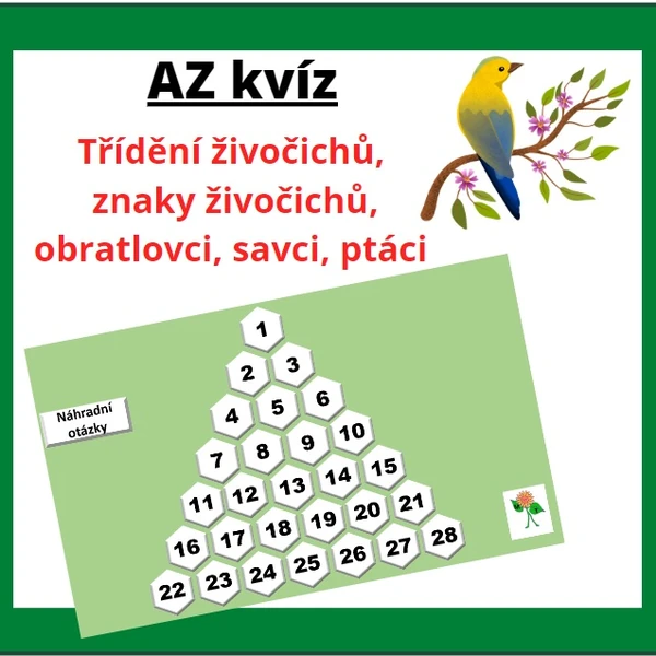 AZ kvíz - třídění živočichů, savci, ptáci, obratlovci, hmyzožravci apod.