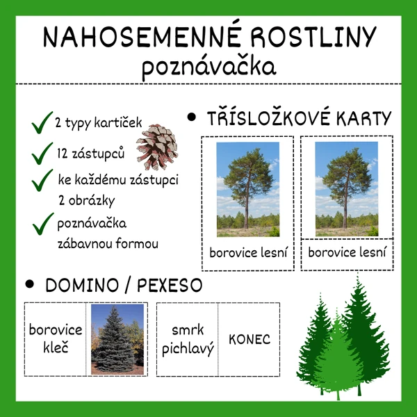 NAHOSEMENNÉ ROSTLINY - poznávačka - třísložkové karty, domino / pexeso