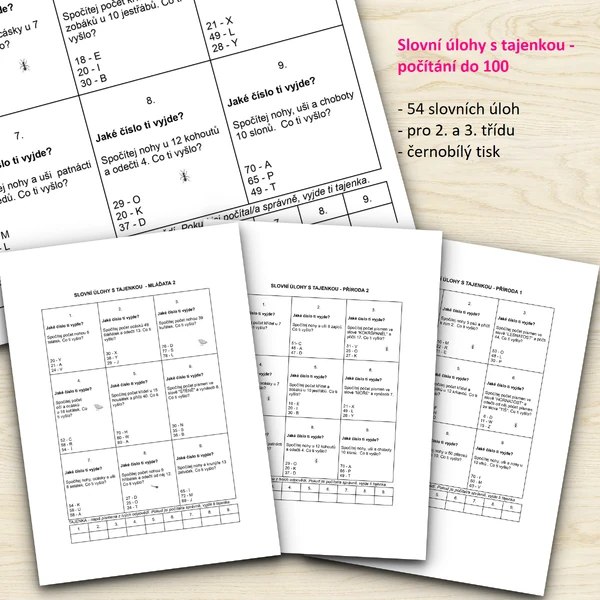 Slovní úlohy s tajenkou - počítání do 100