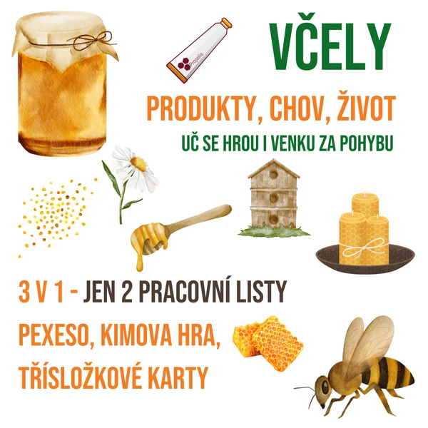 VČELY 3 v 1 - jen 2 strany, pexeso, třísložkové karty, Kimova (pohybová) hra