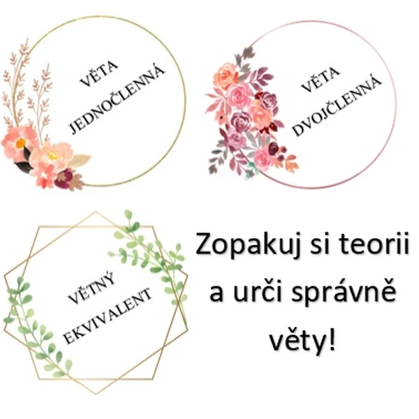 Věta jednočlenná, dvojčlenná a větný ekvivalent. - Zopakuj si teorii a urči správně věty.