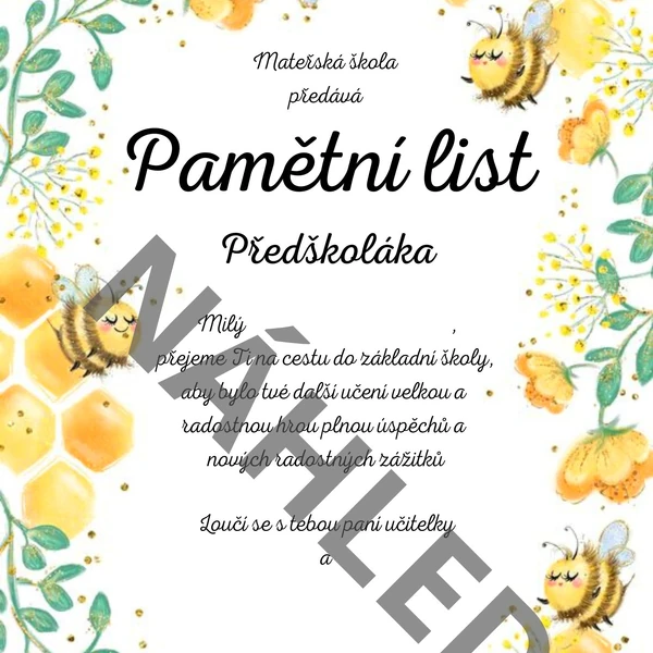 Pamětní list předškoláka - včelky